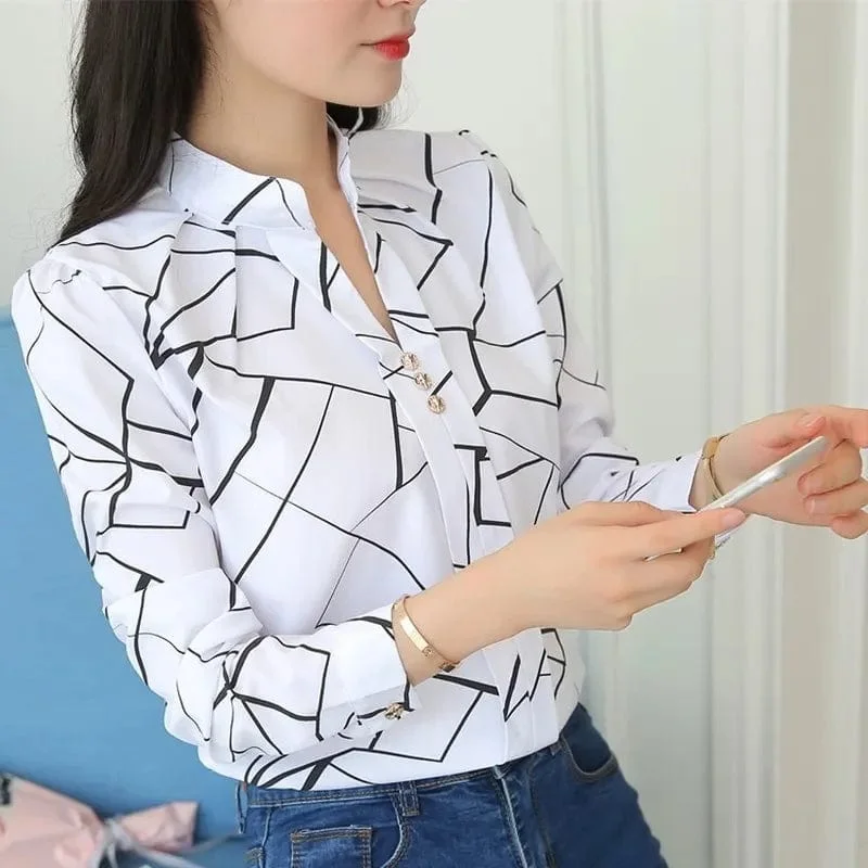 Women's Stripe Button-up Blouses -Chic Office Elegance: Women's Striped Print White Tops - Casual Long Sleeve Blouses for a Slim and Stylish Workwear Look Women's Stripe Button-up Blouses -Chic Office Elegance: Women's Striped Print White Tops - Casual Long Sleeve Blouses for a Slim and Stylish Workwear Look