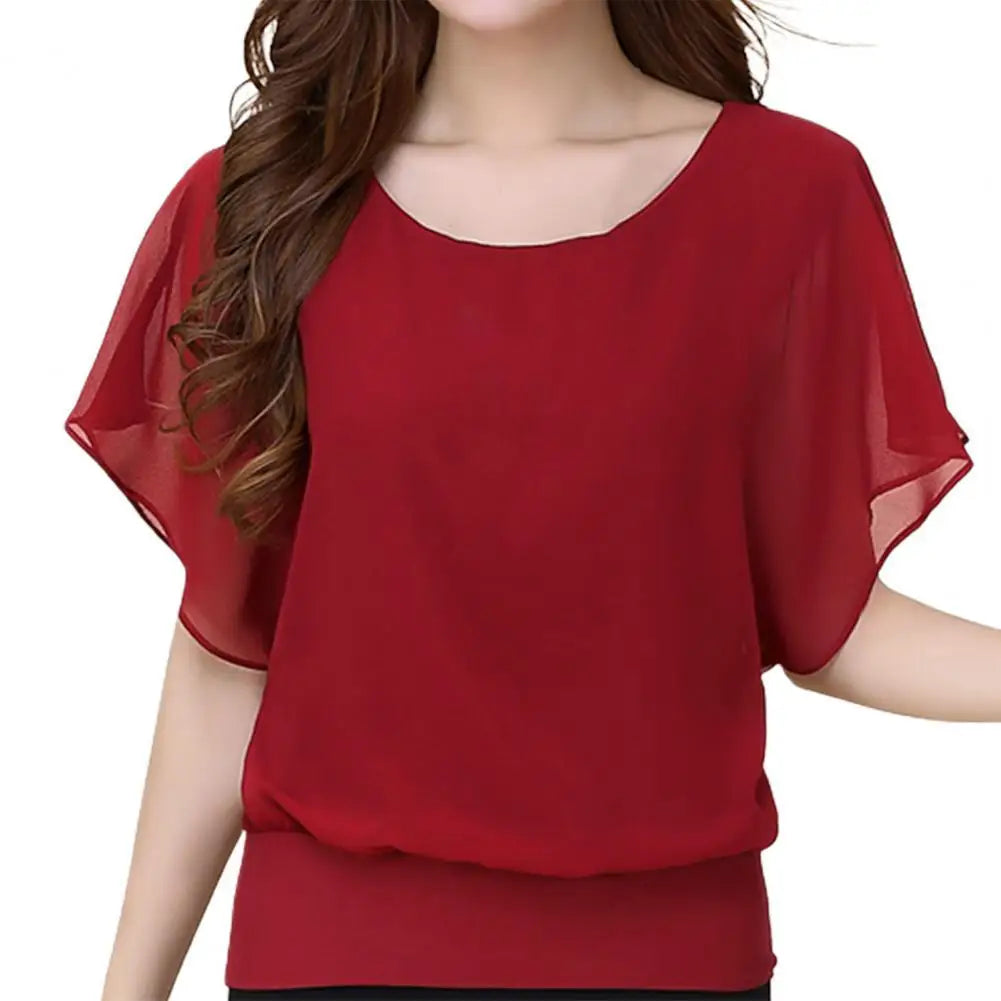 Women's Stretch Button-up Shirts -Chiffon Blouse Women Top Solid Color O Neck Pullover Batwing Sleeve Ruffle Shirts Blouses Summer Top Women's Stretch Button-up Shirts -Chiffon Blouse Women Top Solid Color O Neck Pullover Batwing Sleeve Ruffle Shirts Blouses Summer Top