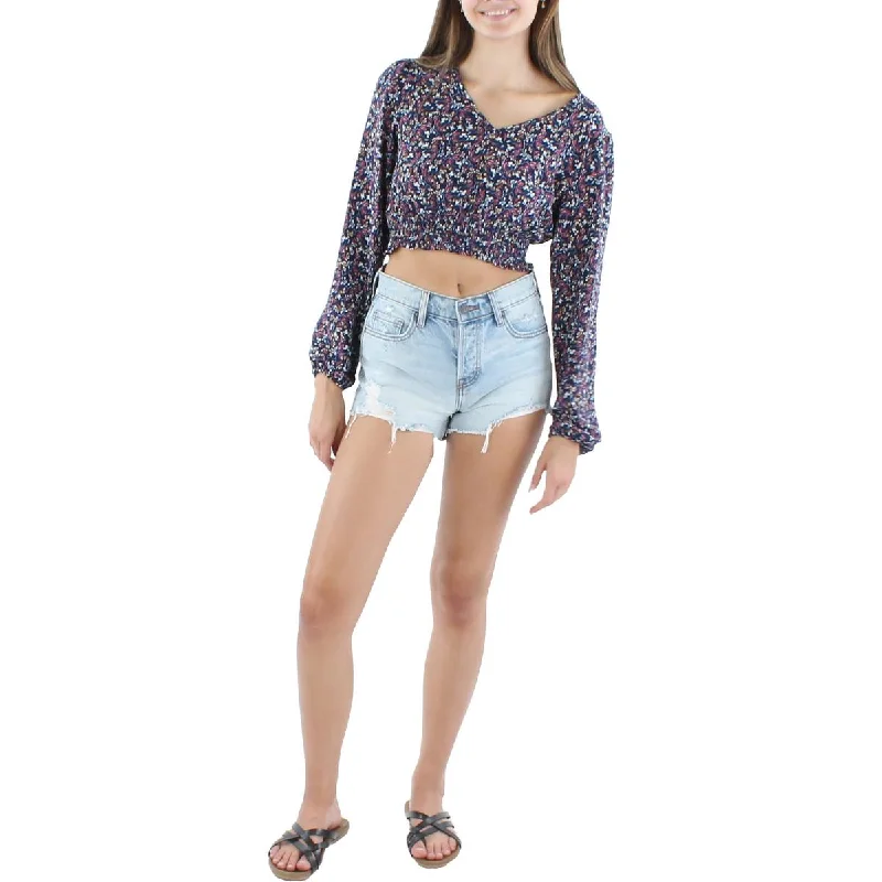 Women's Blouses with Open Back -City Studio Womens Juniors Crepe Smocked Blouse