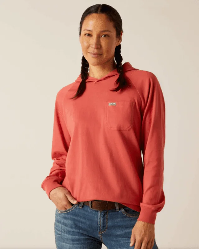 Women's Stylish V-neck Long Sleeve T-shirt for Work -Ariat Women's Rebar Mineral Red Cotton Strong Hooded Long Sleeve Tee 10049008