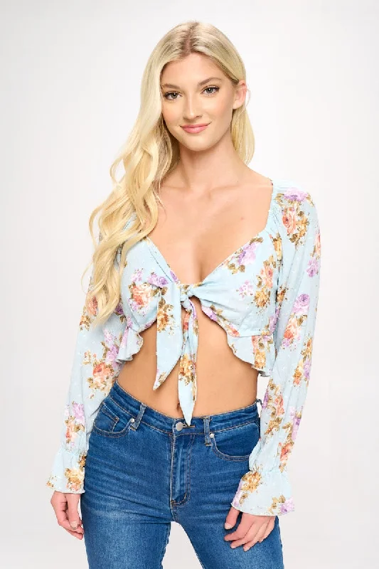 Women's Dress Blouse Tops -Crop blouse cardian top tie front long sleeve
