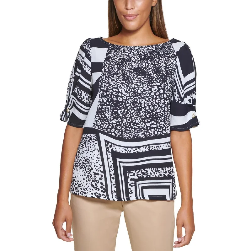 Women's Raw Hem Button-up Blouses -DKNY Womens Petites Printed Embellished Blouse