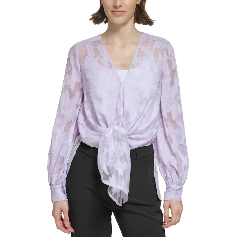 Women's Collared Button-up Shirts -Donna Karan Womens Burnout Floral Blouse