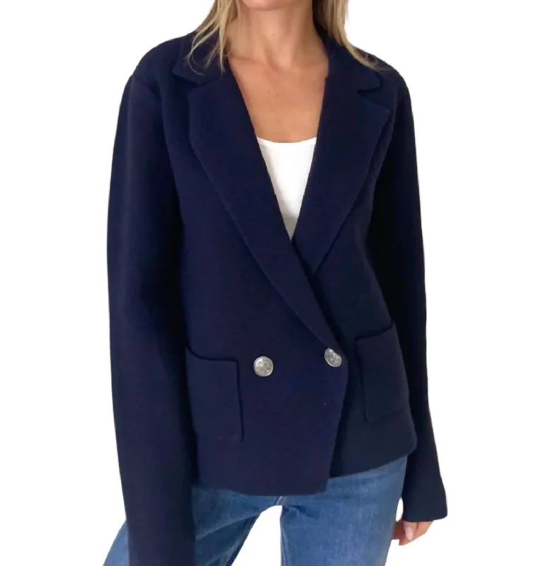 Women's Lace Blazers -Double Breasted Sweater Blazer In Navy
