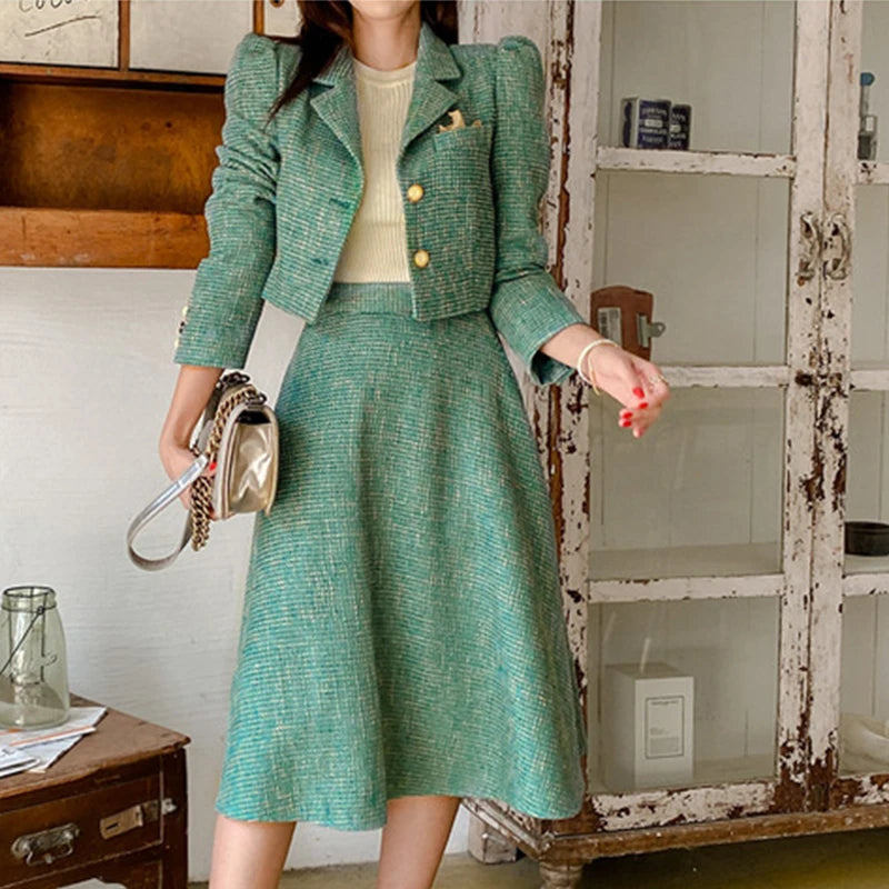 Women's White Collar Blazers -Fashion Women Office Outfit Stripe Vintage Lady Single Breasted Short Blazer Coat Suit Jacket High Waist Midi Skirt 2 Piece Sets
