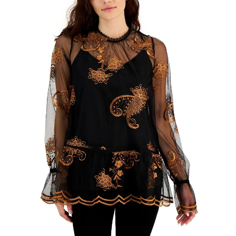 Women's Mandarin Collar Shirts -Fever Womens Mesh Embroidered Blouse