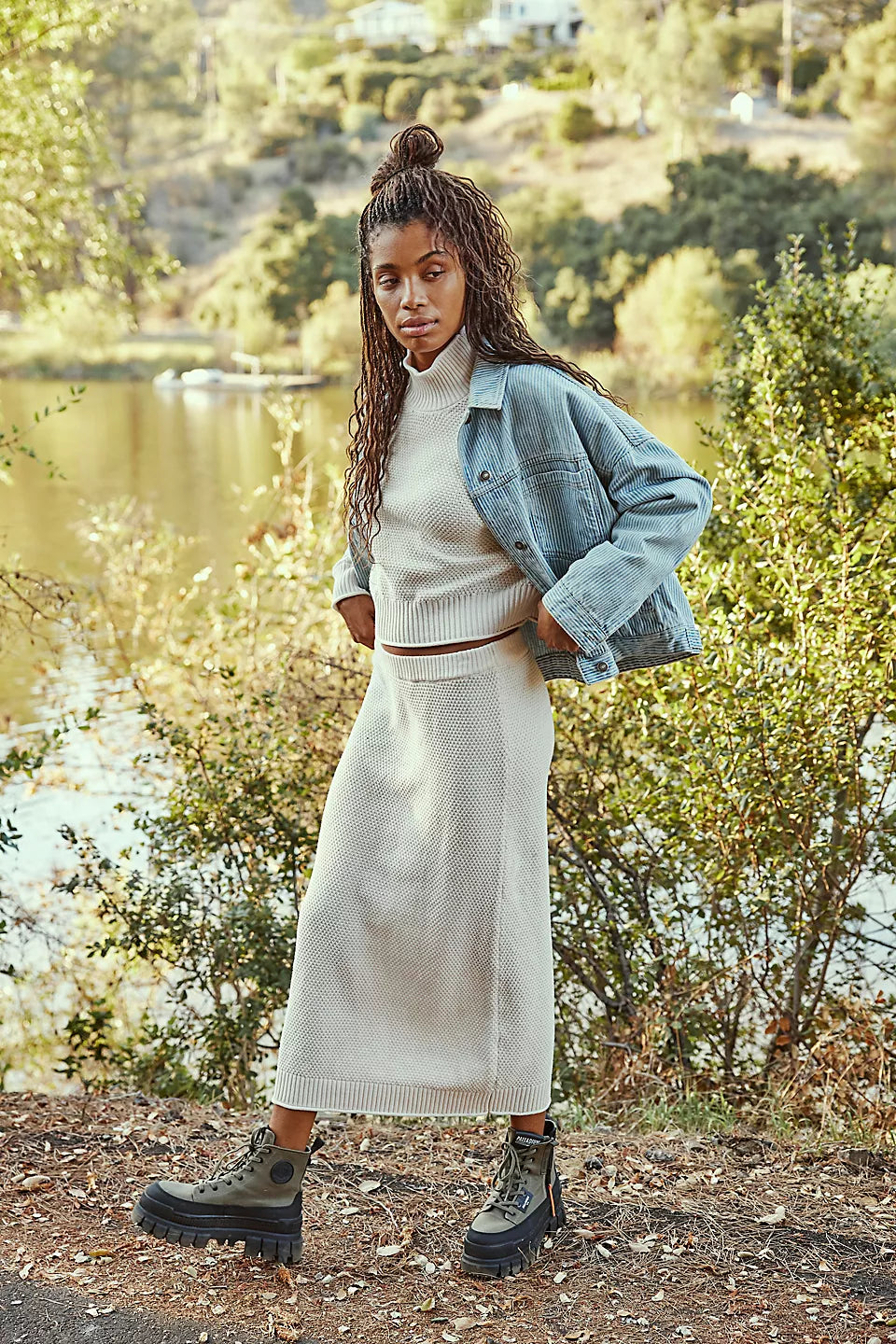 Women's Sweater Set with Ribbed Collar -Free People Hailee Sweater Skirt Set - POWDER SAND Women's Sweater Set with Ribbed Collar -Free People Hailee Sweater Skirt Set - POWDER SAND
