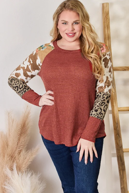Women's Long sleeve Office Blouses -Full Size Leopard Waffle-Knit Blouse