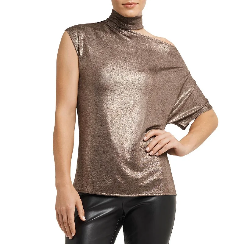 Women's Button-up Crop Blouses -H Halston Womens Metallic Mock Neck Blouse