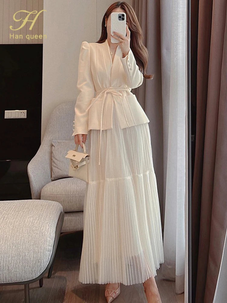 Women's Pink Blazers -H Han Queen Autumn New Skirt Suit Women Elegant Korean Lace-Up Fashion Blazer + Long Mesh Skirt Casual Evening Party 2-Piece Set