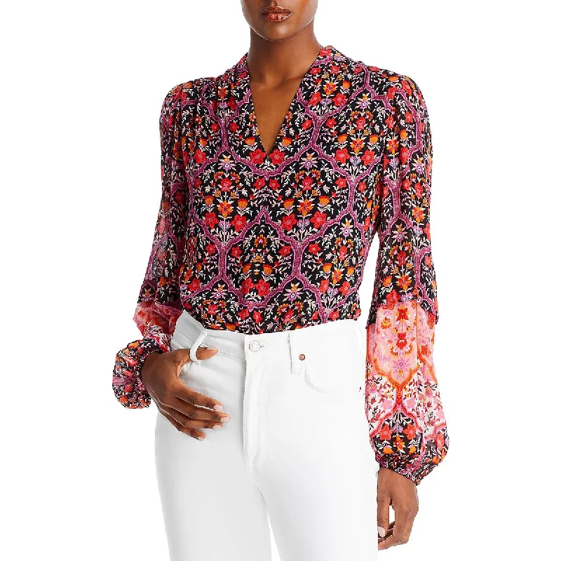 Women's Basic White Shirts -Kobi Halperin Womens Floral Print Split Neck Blouse