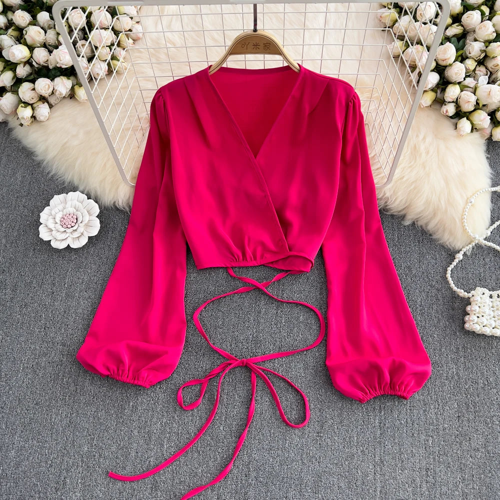 Women's Printed Tunic Shirts -Korean Fashion Deep V-neck Blouse Woman Lantern Sleeve Solid Color Women's Shirt Lace-up Loose Sweet Crop Top Dropshipping Women's Printed Tunic Shirts -Korean Fashion Deep V-neck Blouse Woman Lantern Sleeve Solid Color Women's Shirt Lace-up Loose Sweet Crop Top Dropshipping