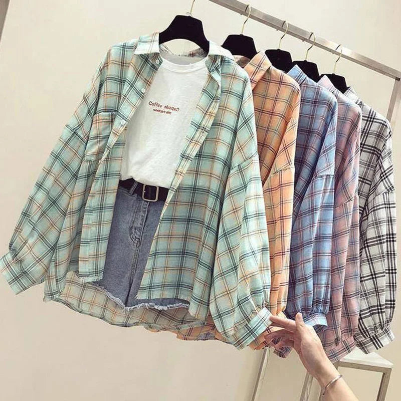 Women's Shirt Dresses for Work -Korean Style Plaid Classic Loose Shirts Blouse Women Daily Cute Student Women Clothing Fashion Vintage Shirt Women's Shirt Dresses for Work -Korean Style Plaid Classic Loose Shirts Blouse Women Daily Cute Student Women Clothing Fashion Vintage Shirt