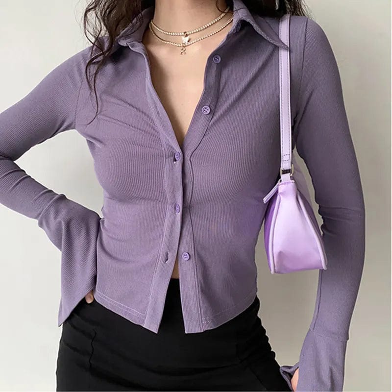 Women's Pleated Sleeve Button-up Shirts -Lapel Single-Breasted Flared Collar Solid Sleeve Blouse - Women's Slim Fit Long-Sleeve Shirt Women's Pleated Sleeve Button-up Shirts -Lapel Single-Breasted Flared Collar Solid Sleeve Blouse - Women's Slim Fit Long-Sleeve Shirt