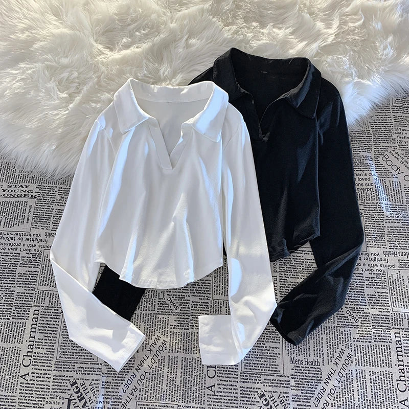 Women's Loose Fit Tunic Blouses -Long Sleeve Polo Shirts Women 2023 New Spring&Autumn Korean Style Solid Color Women's Blouses V-Neck Slim Fit Short Tops Women's Loose Fit Tunic Blouses -Long Sleeve Polo Shirts Women 2023 New Spring&Autumn Korean Style Solid Color Women's Blouses V-Neck Slim Fit Short Tops