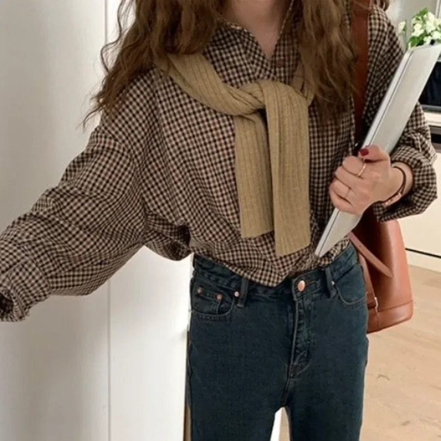 Women's Printed Collar Blouses -Luxury Retro Plaid Turn-Down Collar Blouse - English Style Button-Up with Elegant Long Sleeves Women's Printed Collar Blouses -Luxury Retro Plaid Turn-Down Collar Blouse - English Style Button-Up with Elegant Long Sleeves