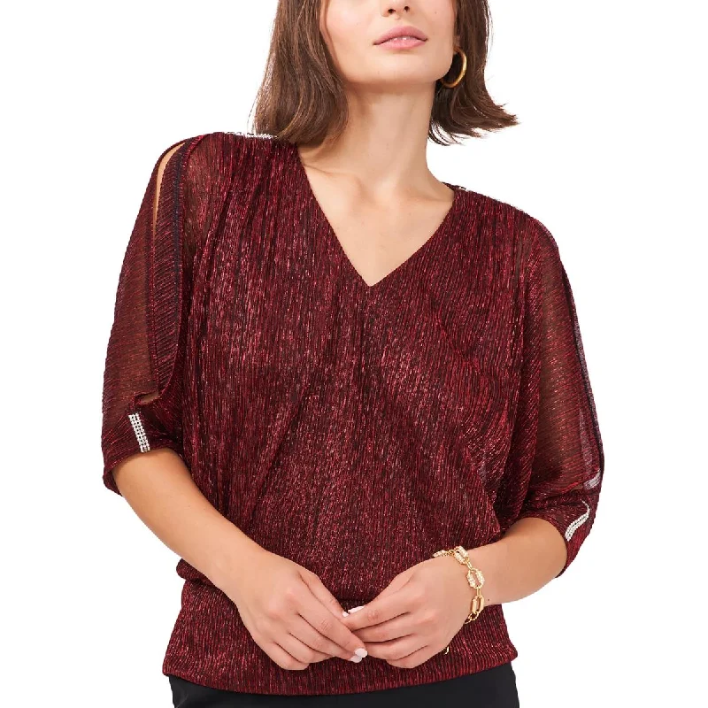 Women's Fitted Button-up Blouses -MSK Womens Petites Metallic Cold Shoulder Blouse