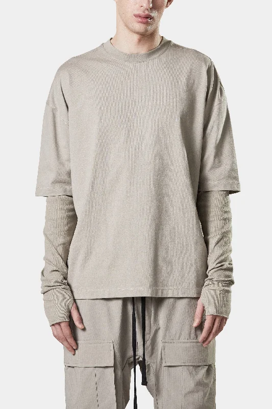 Women's Textured Long Sleeve Shirt for Comfort -Printed 2in1 long sleeve tee, Beige