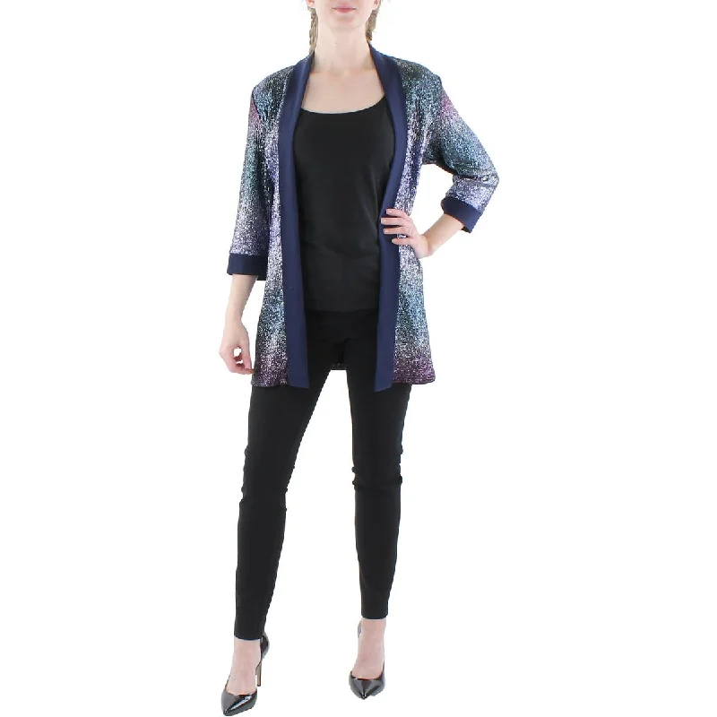 Women's Double-breasted Woolen Blazers -R&M Richards Womens Petites Metallic 3/4 Sleeves Duster Blazer Women's Double-breasted Woolen Blazers -R&M Richards Womens Petites Metallic 3/4 Sleeves Duster Blazer