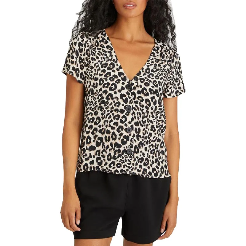 Women's Checkered Button-down Blouses -Sanctuary Womens Animal Print Short Sleeves Blouse