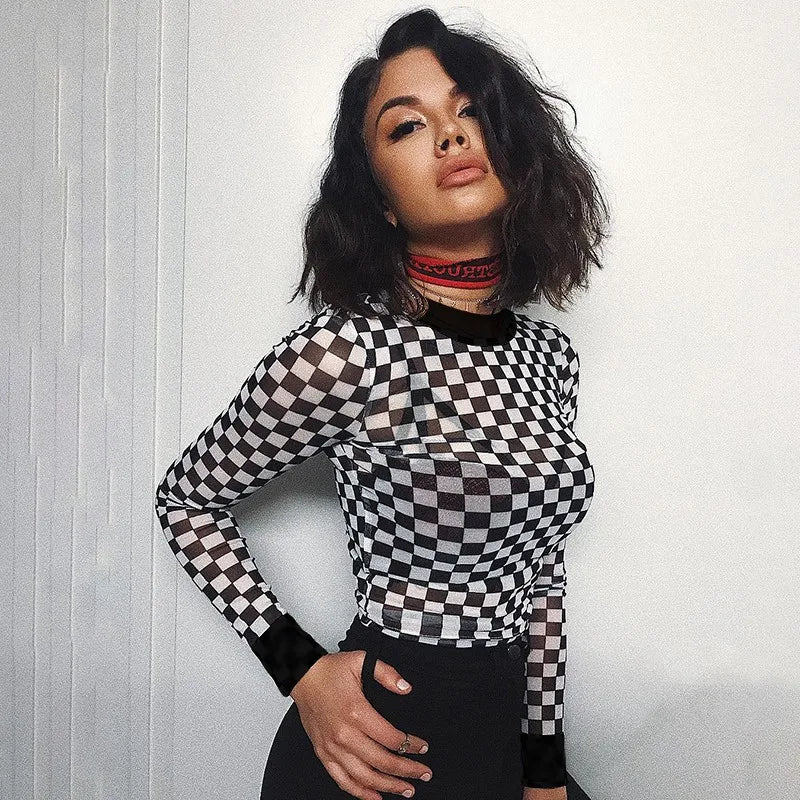 Women's Simple Long Sleeve T-shirt with Minimalist Design -Sexy black white plaid checkerboard t-shirts for women Hollow out slim top female t-shirt long sleeve tee shirts Women's Simple Long Sleeve T-shirt with Minimalist Design -Sexy black white plaid checkerboard t-shirts for women Hollow out slim top female t-shirt long sleeve tee shirts