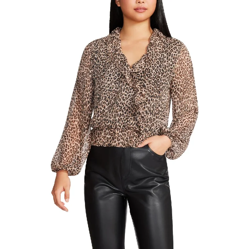 Women's V-neck Button-down Shirts -Steve Madden Women's Ruffled Chiffon Animal Print Blouse Women's V-neck Button-down Shirts -Steve Madden Women's Ruffled Chiffon Animal Print Blouse