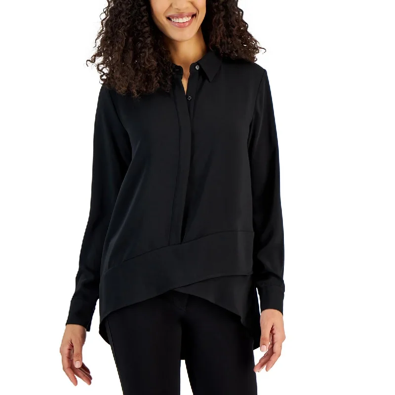 Women's High Waist Button-up Shirts -T Tahari Womens Overlap Long Sleeves Blouse