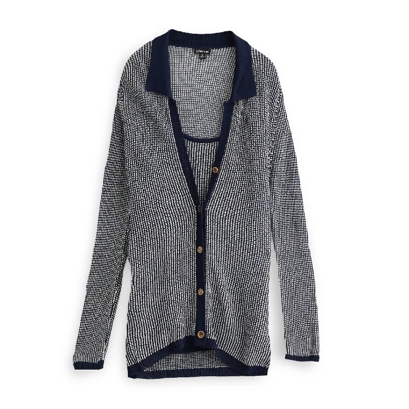 Women's Sweater Set with Colorful Patterns -J. Peterman Women's 1920's Tennis Sweater Set in Navy and Cream Women's Sweater Set with Colorful Patterns -J. Peterman Women's 1920's Tennis Sweater Set in Navy and Cream