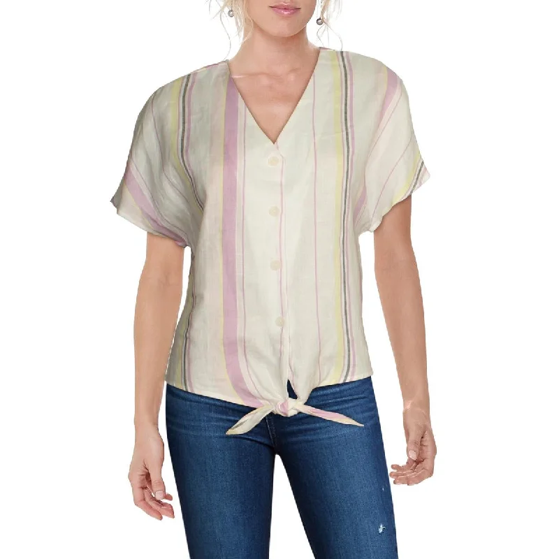 Women's Ruffle Front Blouses -Three Dots Women's Linen Striped Button Down Tie Front Blouse