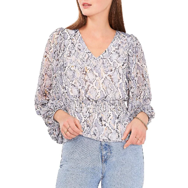 Women's Casual V-neck Blouses -Vince Camuto Womens Animal Print Bishop Sleeve Blouse Women's Casual V-neck Blouses -Vince Camuto Womens Animal Print Bishop Sleeve Blouse