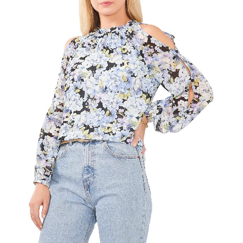 Women's Longline Blouses -Vince Camuto Womens Floral Print Ruffle Neck Blouse