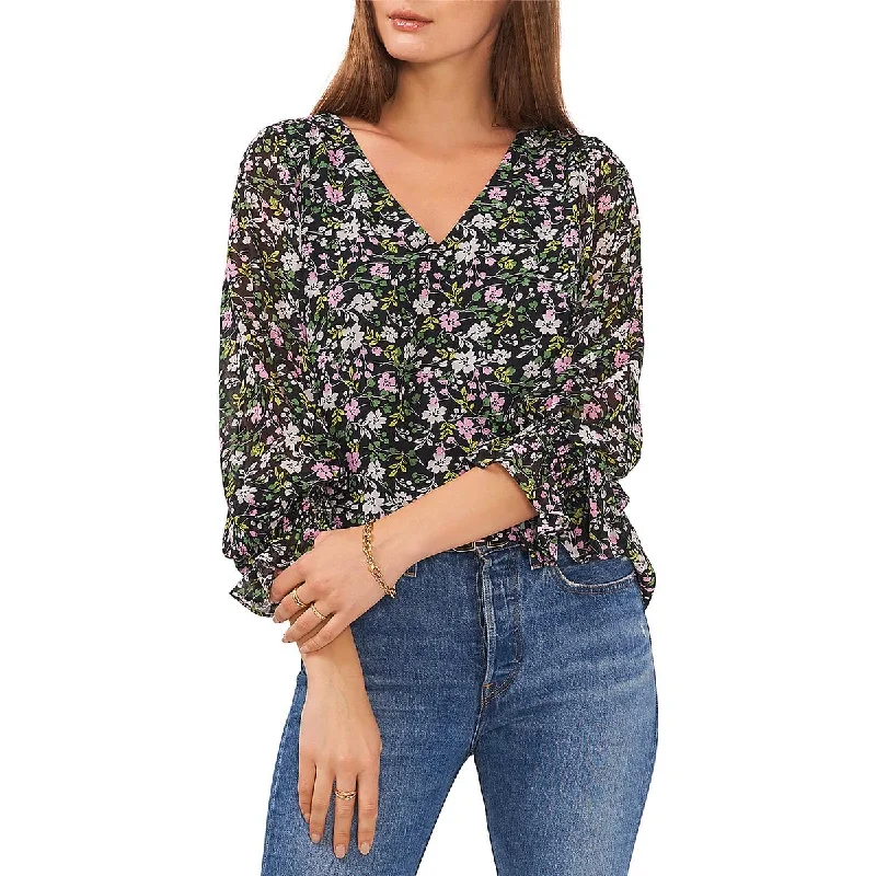 Women's Stretch Button-down Shirts -Vince Camuto Womens Floral Print V-Neck Blouse