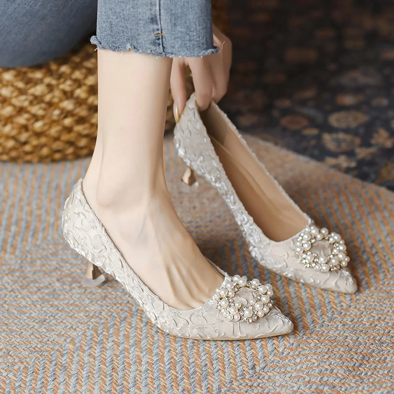 Silk Satin Slip Dress for Bridal Shower -Silk Satin Slip Dress with Pleated Skirt -Women's Circle Faux Pearl Decor Kitten Heels Sexy Pointed Toe Slip On Low Heels Party Dress Pumps