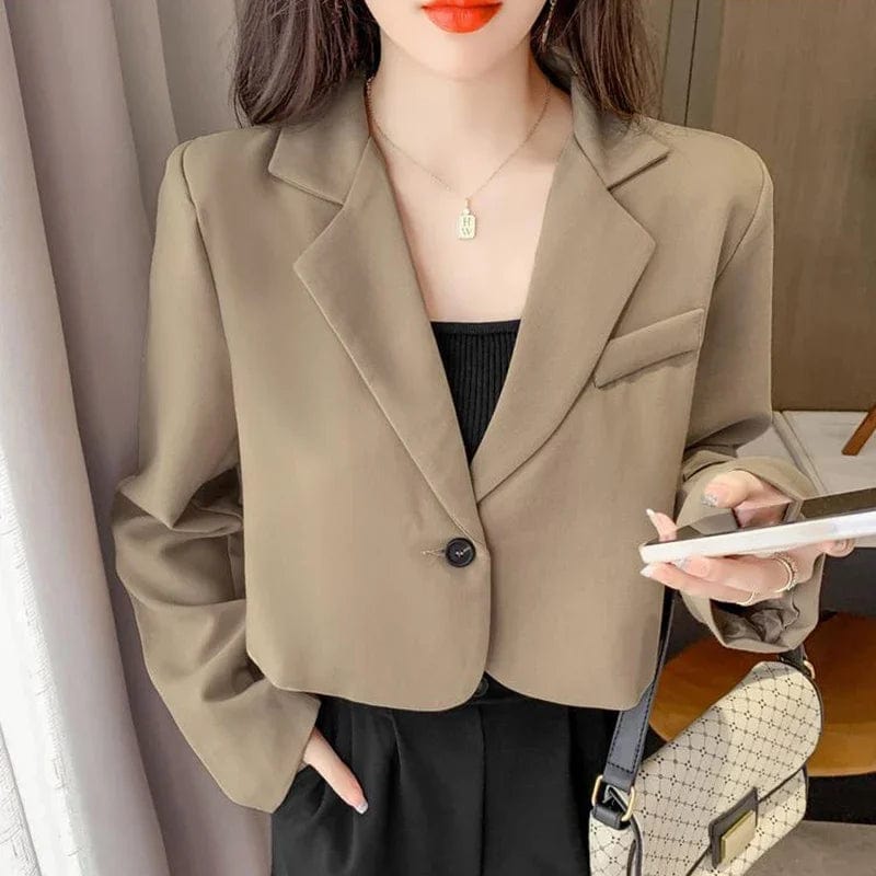 Women's Blazers with Flared Skirts -Women's Cropped Blazer – Solid Color Single-Button Long Sleeve Office Suit Jacket