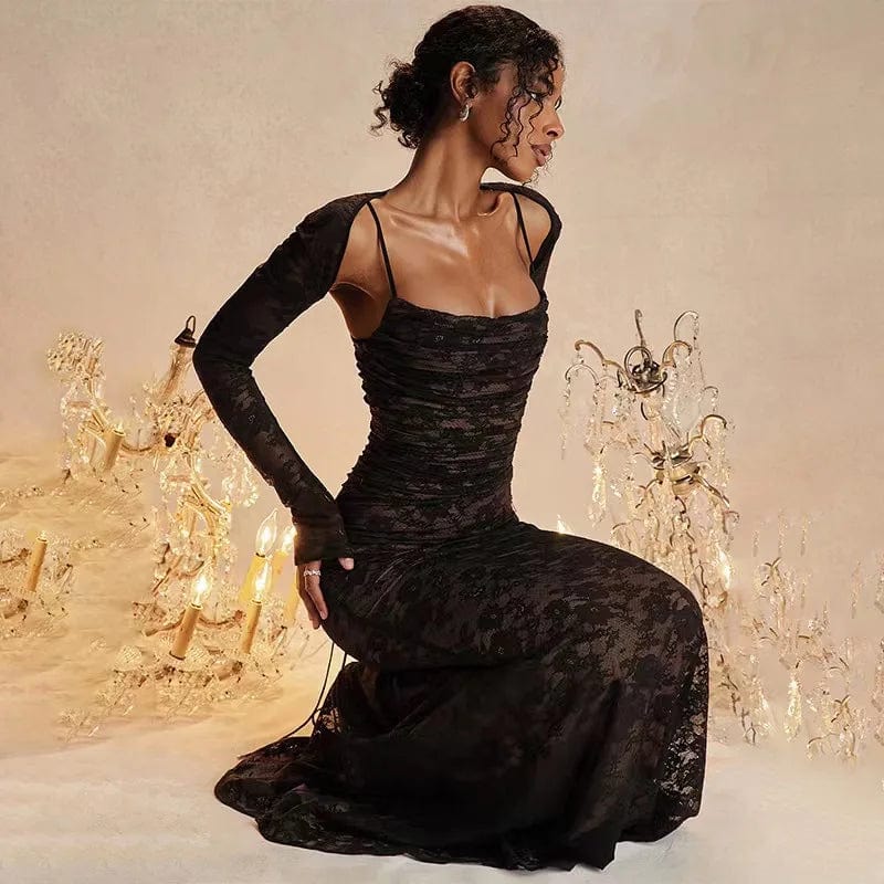 Women's Sweater Set for Cozy Nights In -Women's Elegant Black Lace Maxi Dress – 2-Piece Formal Occasion Set with Lace-Up Detail Women's Sweater Set for Cozy Nights In -Women's Elegant Black Lace Maxi Dress – 2-Piece Formal Occasion Set with Lace-Up Detail