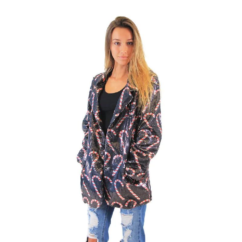 Women's Fuzzy Blazers -Women's Sequin Candy Cane Ugly Christmas Blazer Jacket