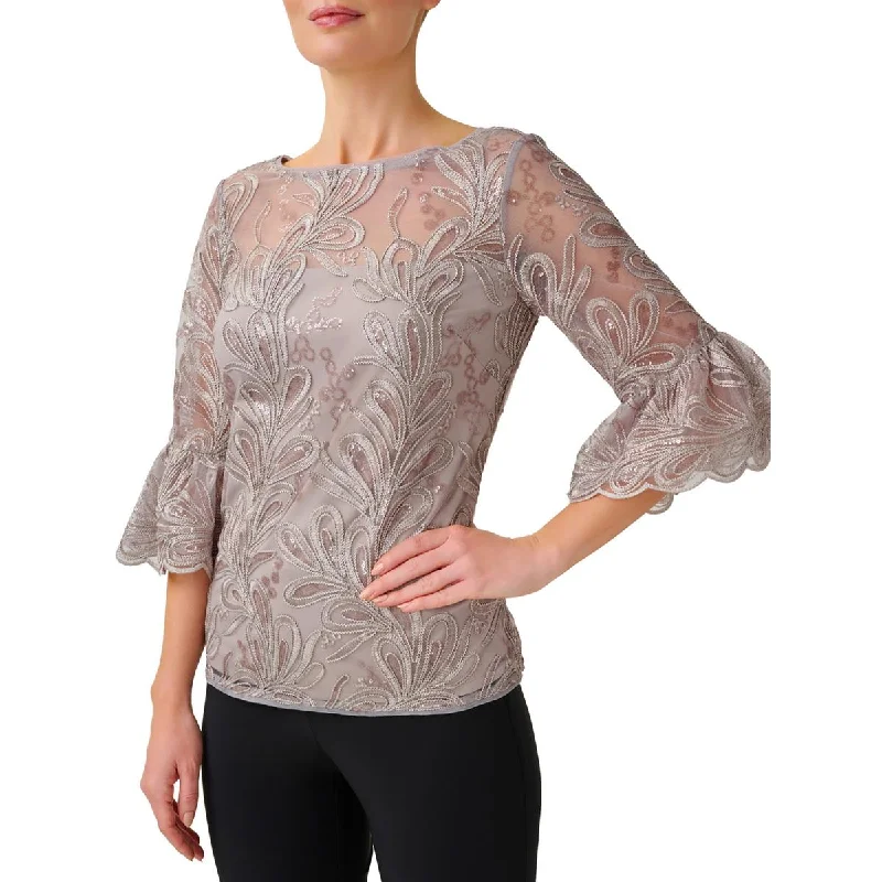 Women's Button Down Shirts -Adrianna Papell Womens Embroidered Sequined Blouse