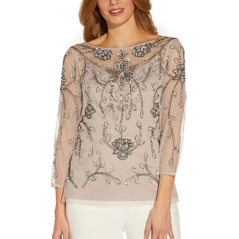 Women's Sequin Blouses -Adrianna Papell Womens Hand-Beaded Illusion Blouse