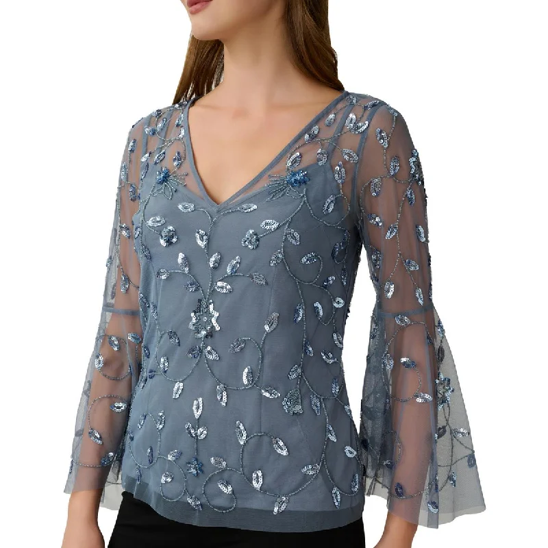 Women's Satin Button-up Shirts -Adrianna Papell Womens Mesh Embellished Blouse