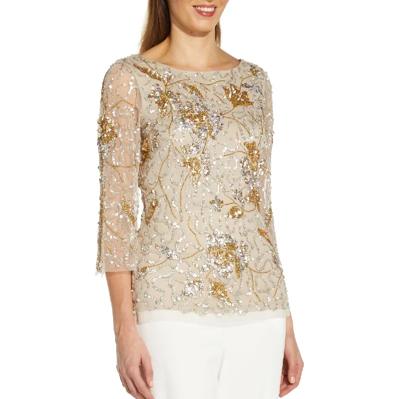 Women's Dressy Shirts -Adrianna Papell Womens Sequined Burnout Blouse
