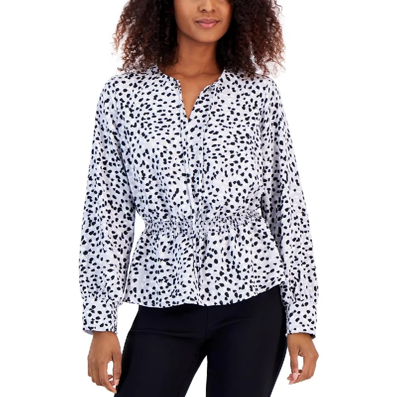 Women's Plain Shirts -Alfani Womens Petites Peplum Spotted Blouse