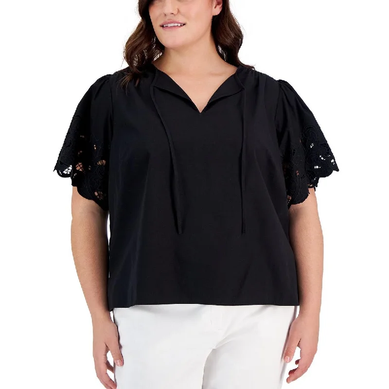 Women's Ruffle Sleeve Shirts -Anne Klein Womens Plus Embroidered Cotton Blouse