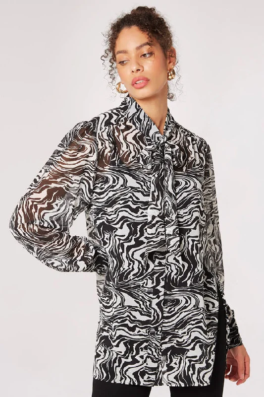 Women's Tunic Shirts -Apricot Painterly Marble Neck Tie Blouse