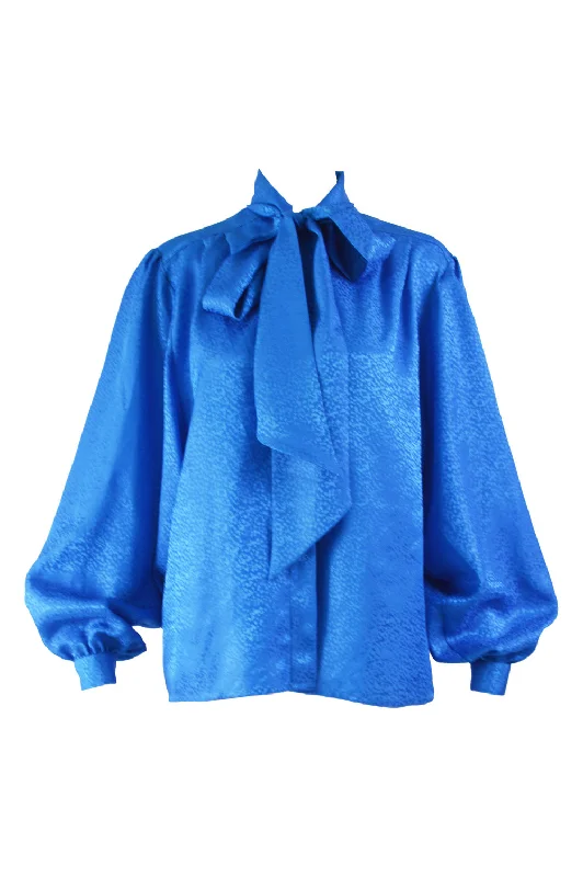 Women's Chiffon Shirts -Vintage Balloon Sleeve Blue Pussybow Blouse, 1980s