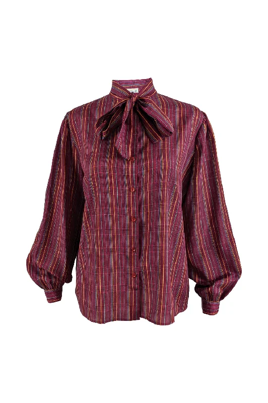 Women's Lightweight Shirts -Aquascutum Vintage Dark Pink Checked Pussy Bow Blouse, 1980s Women's Lightweight Shirts -Aquascutum Vintage Dark Pink Checked Pussy Bow Blouse, 1980s