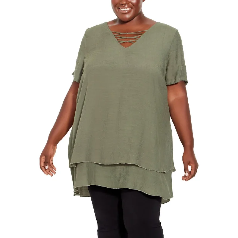 Women's Short-sleeve Tops -Avenue Womens Plus Caged Ruffled Trim Blouse