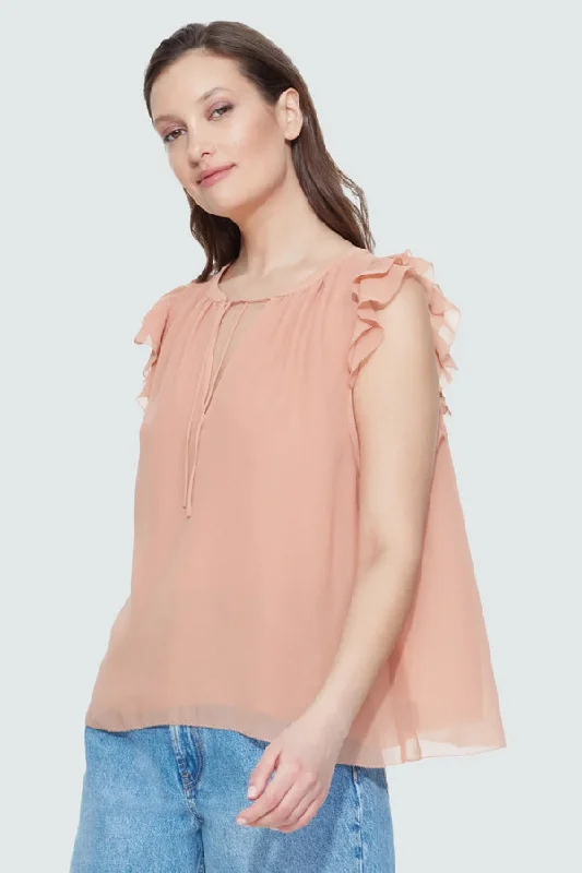 Women's Flowing Blouses -Black Tape Flounce Sleeve Blouse