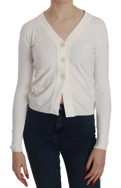Women's Casual Blouses for Women -BYBLOS Elegant White V-Neck Cropped Cardigan Blouse Women's Casual Blouses for Women -BYBLOS Elegant White V-Neck Cropped Cardigan Blouse