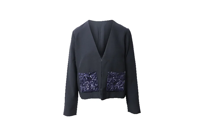 Women's Blazers with Long Sleeves -Chloé Sequined Pocket Detail Blazer in Black Silk