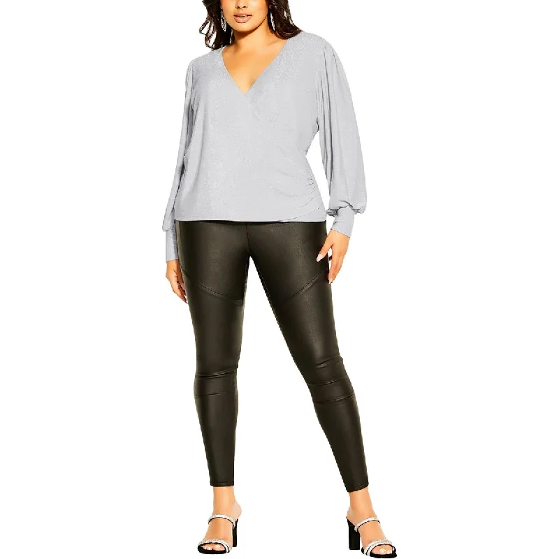 Women's Casual Blouses -City Chic Womens Plus Metallic Faux V Neck Blouse